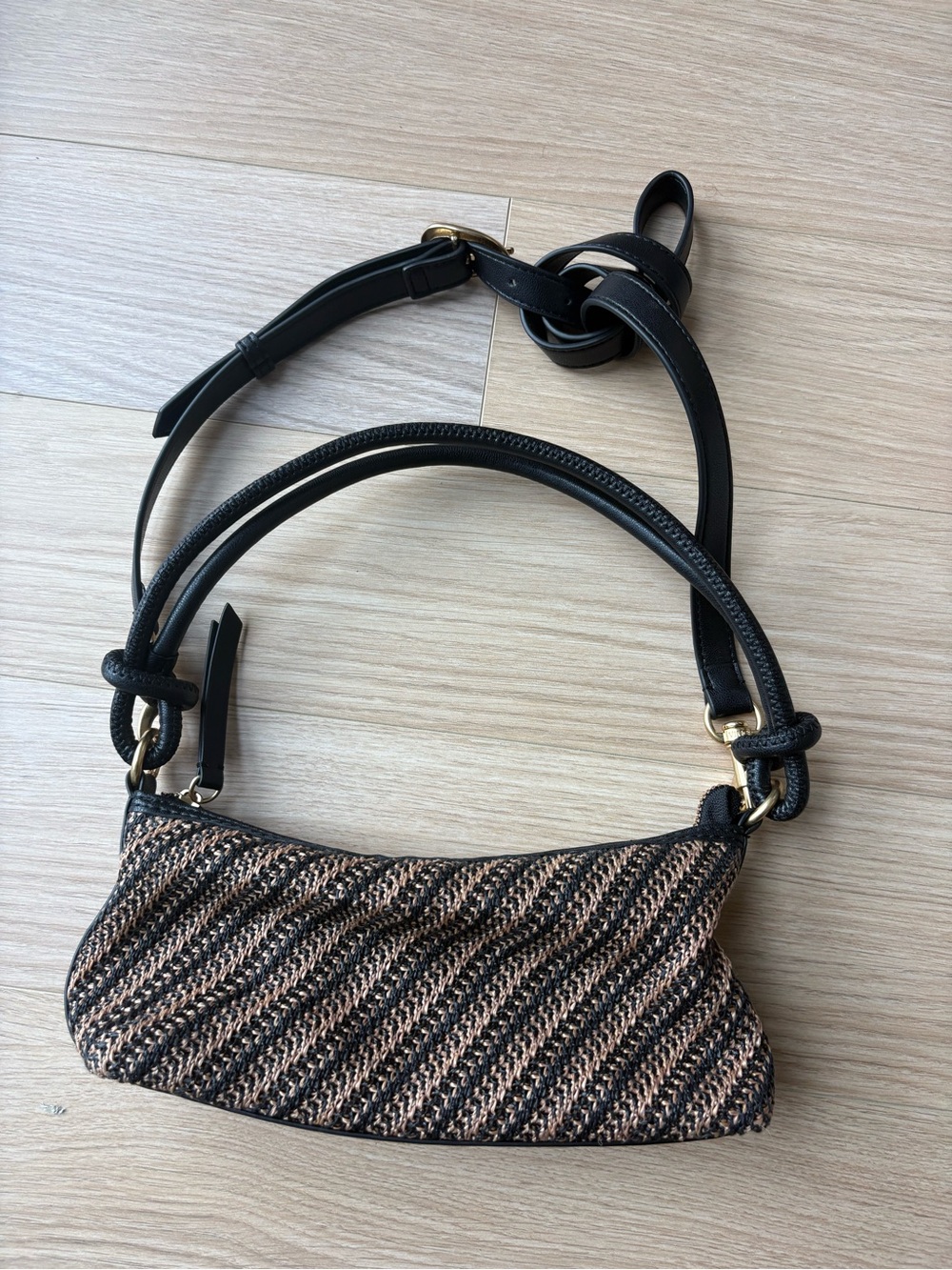 Woven Black & Tan Shoulder Bag with Adjustable Strap